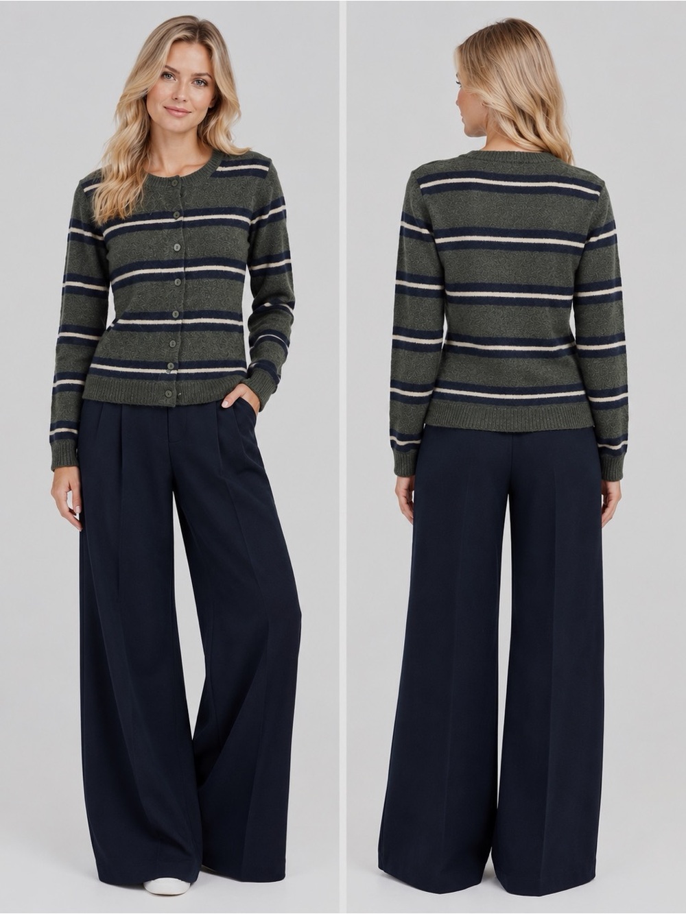 Magaschoni Stripe Cashmere Cardigan Buttoned Crew Neck Long Sleeves NWT